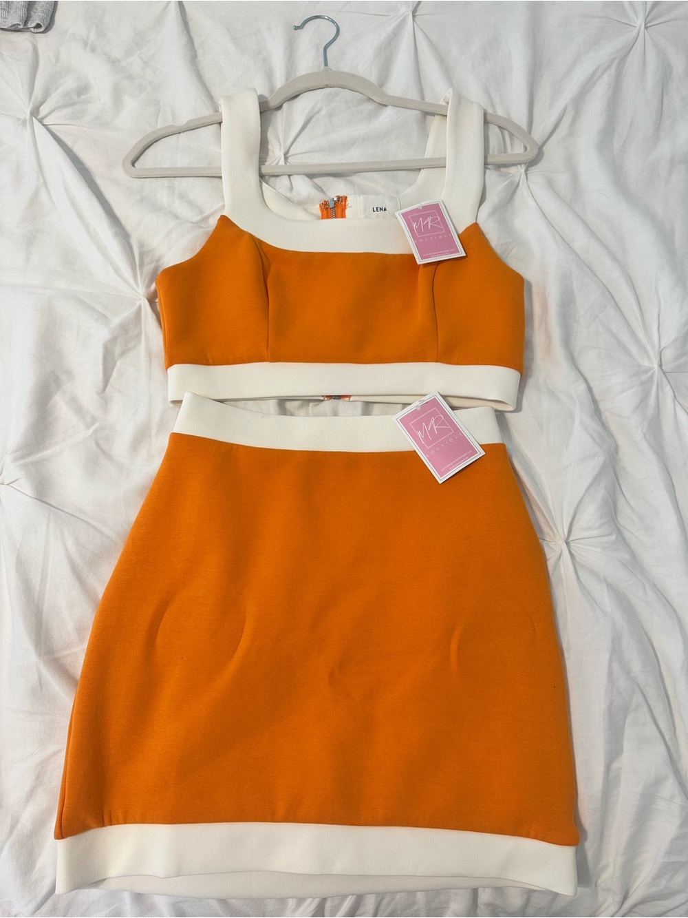 Lena Orange and White Two-Piece Crop Top and Skirt Set